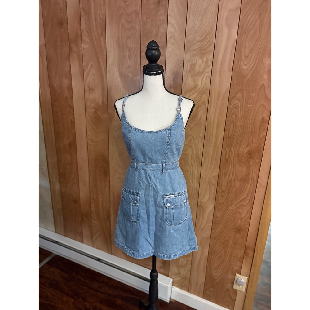 Vintage Guess Denim Mini Dress Medium Wash Cotton Cargo Pocket 90s Y2K Size 5